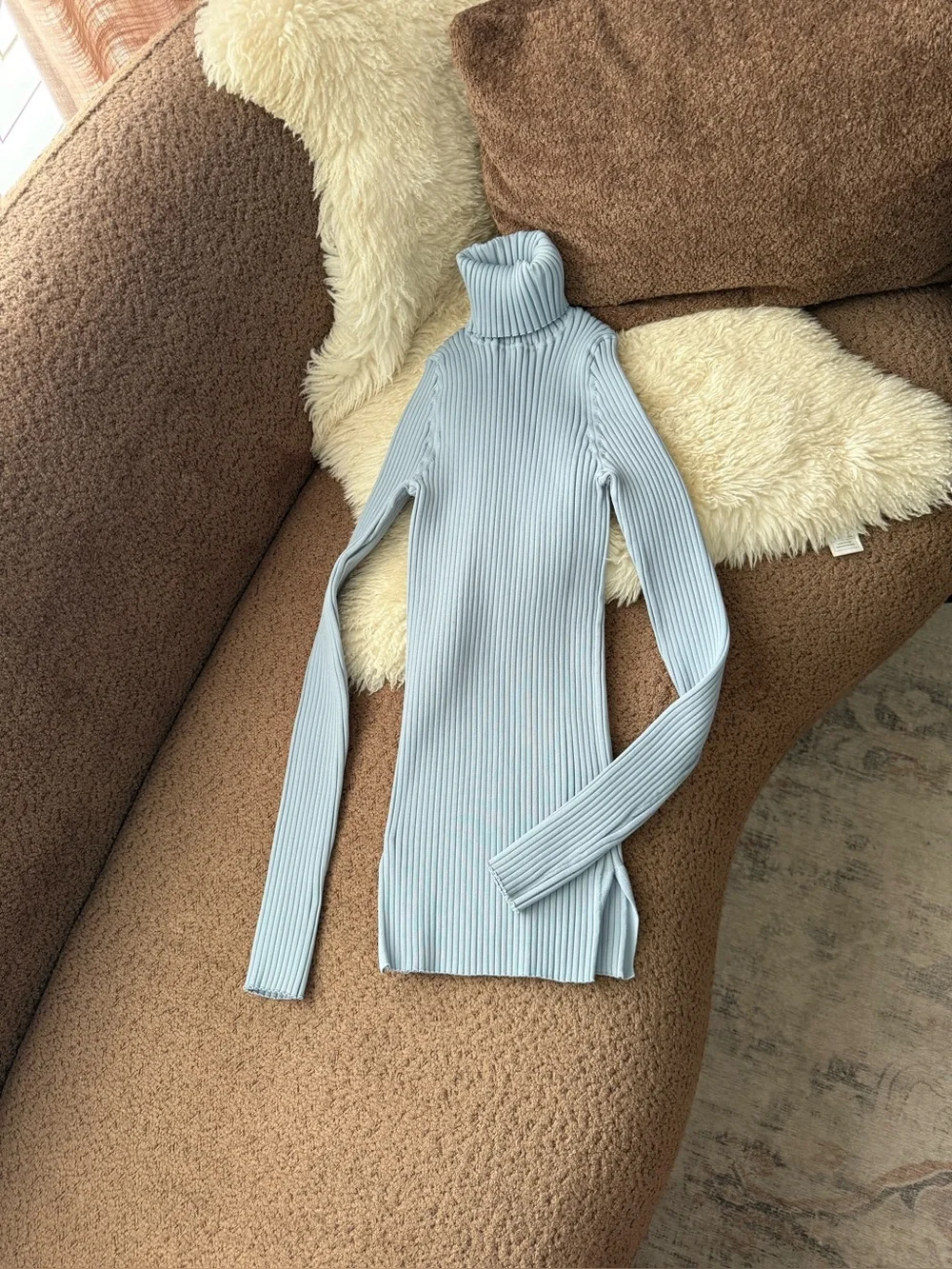 Tory Burch Ribbed Knit Turtleneck in Pewer Blue